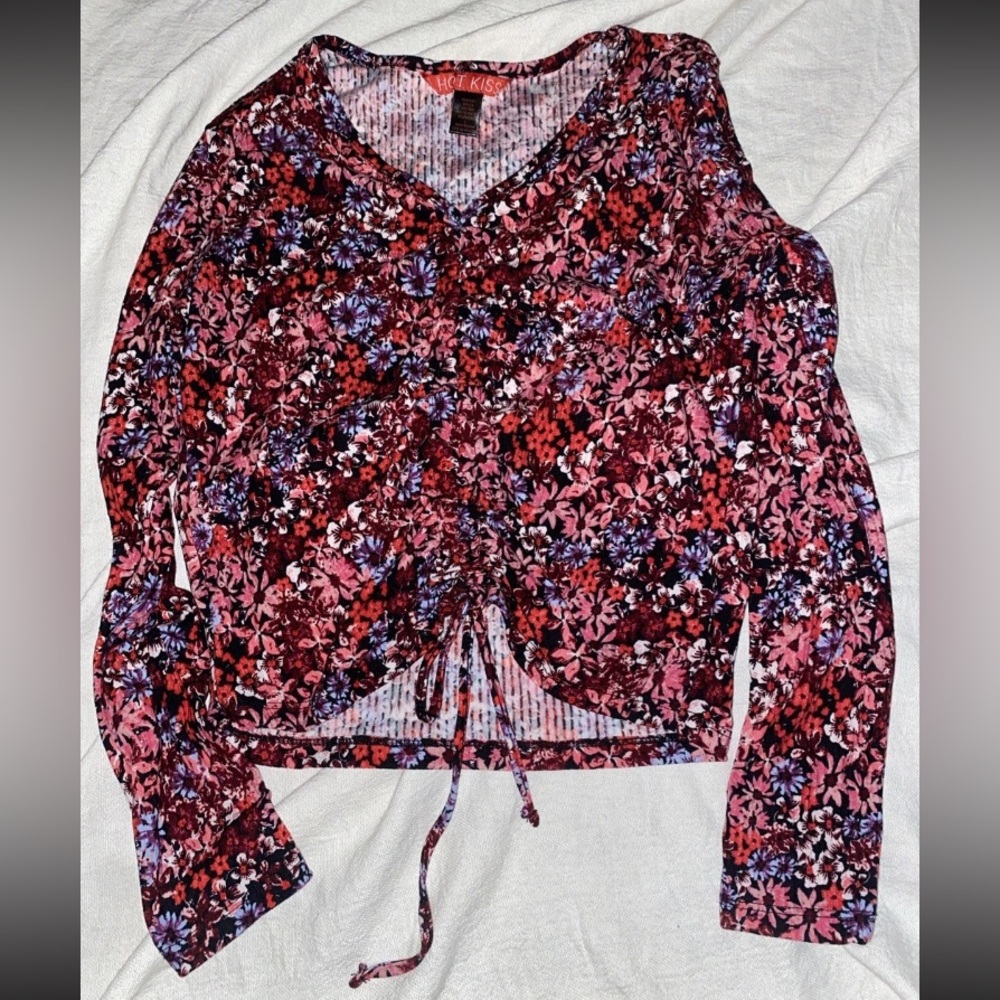 Y2K Hot Kiss Top Long Sleeve Floral Size L W Center Cinch